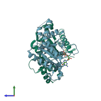 PDB entry 2xto coloured by chain, side view.