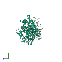 PDB entry 2xu0 coloured by chain, side view.