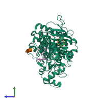 Monomeric assembly 1 of PDB entry 2xui coloured by chemically distinct molecules, side view.