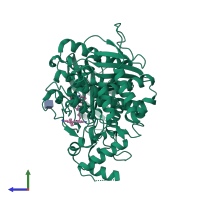 Monomeric assembly 2 of PDB entry 2xui coloured by chemically distinct molecules, side view.