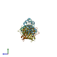 PDB entry 2xv6 coloured by chain, side view.