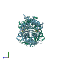 PDB entry 2xwl coloured by chain, side view.