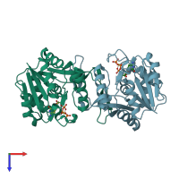 PDB entry 2xwl coloured by chain, top view.