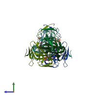 PDB entry 2xy3 coloured by chain, side view.