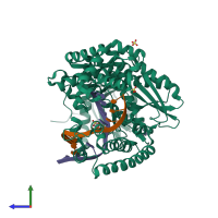 PDB entry 2xy6 coloured by chain, side view.