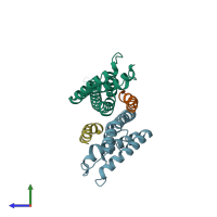 PDB entry 2xze coloured by chain, side view.