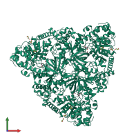 Homo trimeric assembly 1 of PDB entry 2xzp coloured by chemically distinct molecules, front view.