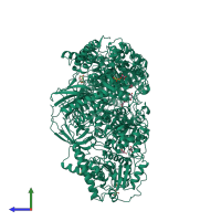 Homo trimeric assembly 1 of PDB entry 2xzp coloured by chemically distinct molecules, side view.