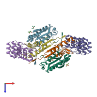 PDB entry 2xzt coloured by chain, top view.