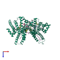 Homo dimeric assembly 3 of PDB entry 2y02 coloured by chemically distinct molecules, top view.