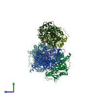PDB entry 2ybt coloured by chain, side view.