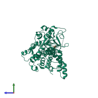 PDB entry 2yf0 coloured by chain, side view.