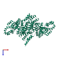 Homo dimeric assembly 1 of PDB entry 2ygw coloured by chemically distinct molecules, top view.