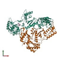 Hetero dimeric assembly 1 of PDB entry 2ynf coloured by chemically distinct molecules, front view.