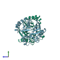 PDB entry 2ynu coloured by chain, side view.