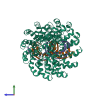 PDB entry 2ypf coloured by chain, side view.