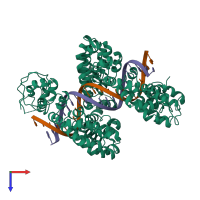 PDB entry 2ypf coloured by chain, top view.