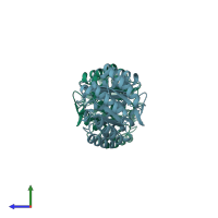 PDB entry 2yr1 coloured by chain, side view.