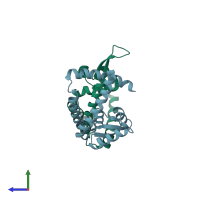 PDB entry 2yr2 coloured by chain, side view.