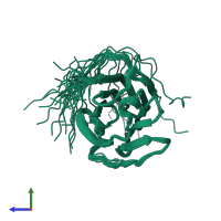 PDB entry 2yro coloured by chain, ensemble of 20 models, side view.