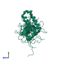 PDB entry 2yua coloured by chain, ensemble of 20 models, side view.