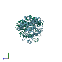 PDB entry 2yyv coloured by chain, side view.