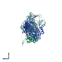 PDB entry 2yzm coloured by chain, side view.