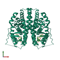 Homo dimeric assembly 1 of PDB entry 2z4b coloured by chemically distinct molecules, front view.