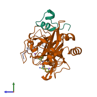PDB entry 2zc9 coloured by chain, side view.