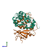 PDB entry 2zcf coloured by chain, side view.