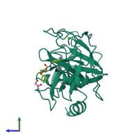 PDB entry 2zdm coloured by chain, side view.