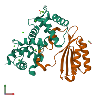 Hetero dimeric assembly 1 of PDB entry 2zfd coloured by chemically distinct molecules, front view.