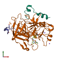 Hetero trimeric assembly 1 of PDB entry 2zgx coloured by chemically distinct molecules, front view.