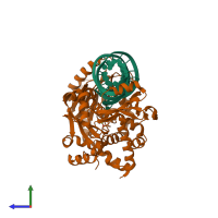 PDB entry 2zh4 coloured by chain, side view.