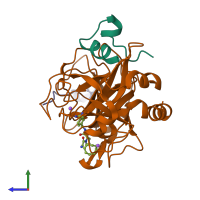 PDB entry 2zhe coloured by chain, side view.