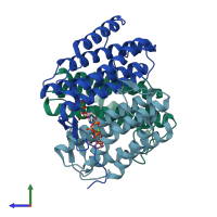 PDB entry 2zhz coloured by chain, side view.