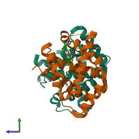 PDB entry 2zlv coloured by chain, side view.