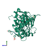 Monomeric assembly 2 of PDB entry 2zm3 coloured by chemically distinct molecules, side view.