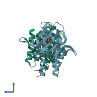 PDB entry 2zmf coloured by chain, side view.