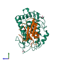 PDB entry 2zmz coloured by chain, side view.