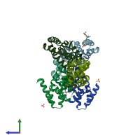 PDB entry 2zop coloured by chain, side view.