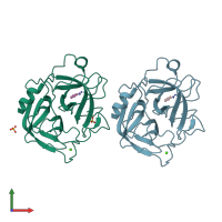 PDB entry 2zpq coloured by chain, front view.