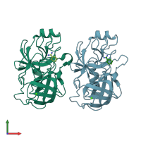 PDB entry 2zpr coloured by chain, front view.