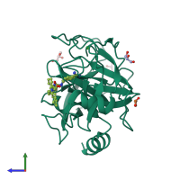 PDB entry 2zq2 coloured by chain, side view.