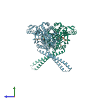 PDB entry 2zr2 coloured by chain, side view.