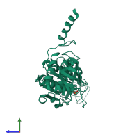 PDB entry 2zr7 coloured by chain, side view.