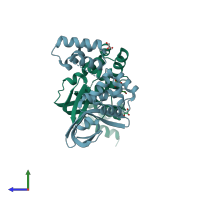 PDB entry 2ztd coloured by chain, side view.