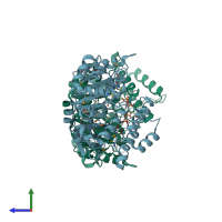 PDB entry 2zu9 coloured by chain, side view.