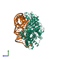 PDB entry 2zue coloured by chain, side view.