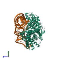 PDB entry 2zuf coloured by chain, side view.